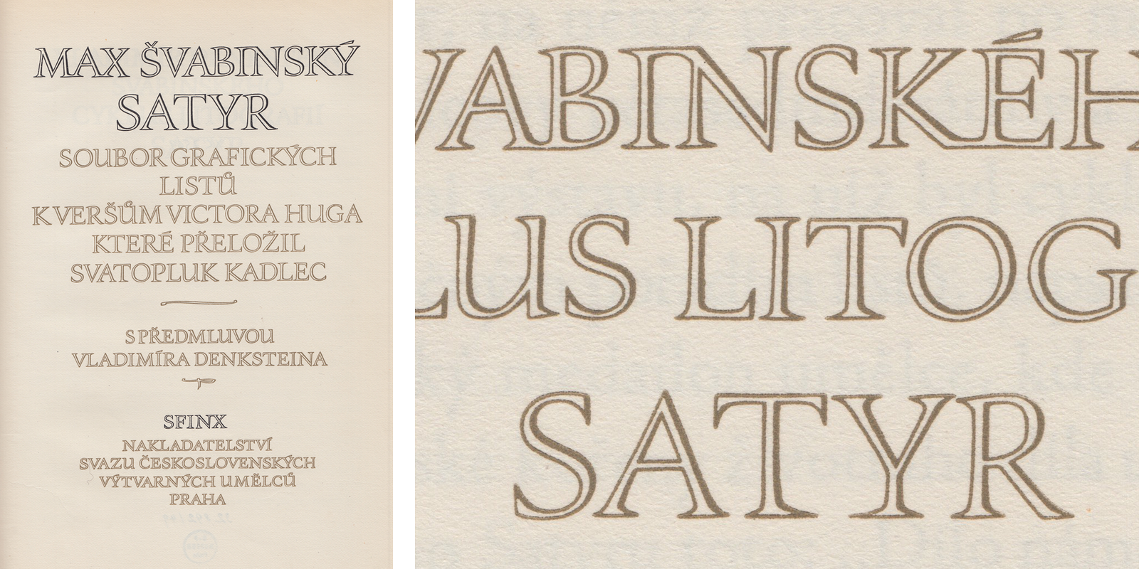 Titulní a předělový list publikace Satyr s Menhartovým titulním nápisem s neobvyklými ligaturami a charakteristickým stínováním. Vydalo nakladatelství Sfinx v Praze, 1949