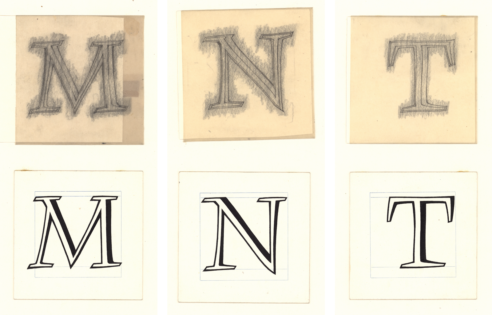 Původní tužkové a tušové návrhy písma Monument z pozůstalosti Oldřicha Menharta, 1950. Zdroj: Knihovna Národního muzea [2]