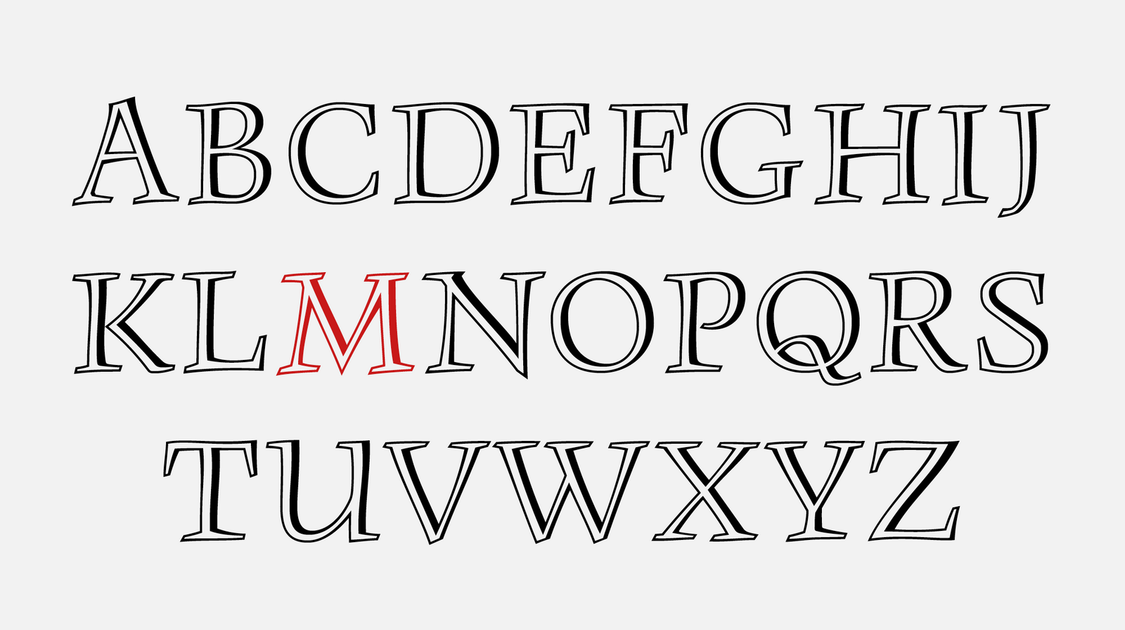 The first digital redrawing of the Monument typeface’s character set, based on pencil drawings. We call this version “authentic” because we did not intervene at all.