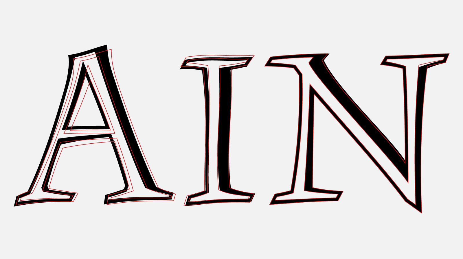 Porovnání znaků autentické verze (černě) a obrysů finálního fontu.