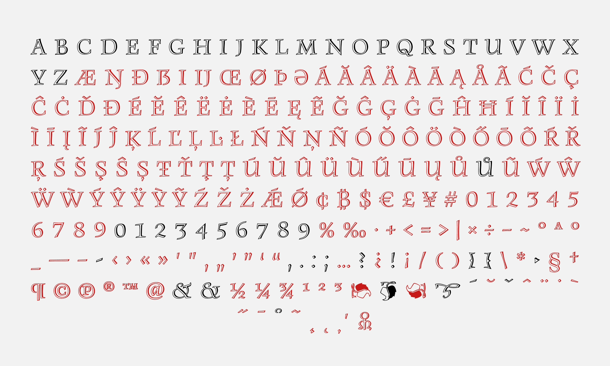 The complete character set of the BC Monument typeface. The ones marked in black are the original characters designed by Oldřich Menhart. The red characters are the ones that have been newly created.