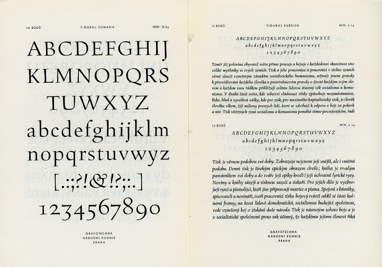 Původní vzorník tiskového písma Figural ukazuje písmo ve všech realizovaných velikostech. Vydala Grafotechna, n. p., 50 léta. Zdroj: Knihovna Národního muzea. [3]