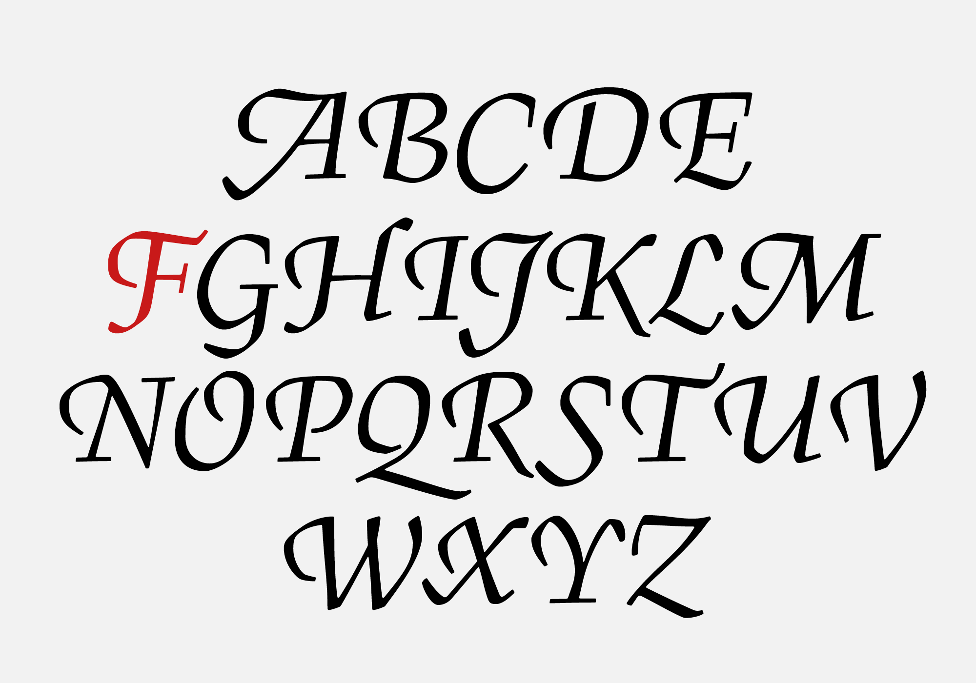 Nové ozdobné verzálky vycházejí z kaligrafických principů původní Kurzivy a neobsahují žádné historismy, ale nově tvarované swashe.