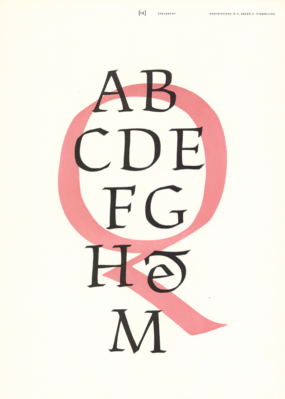 Poster for the Parlament typeface, Grafotechna n.p., sample no. 14, from the estate of Oldřich Menhart. Source: National Museum Library. [1]