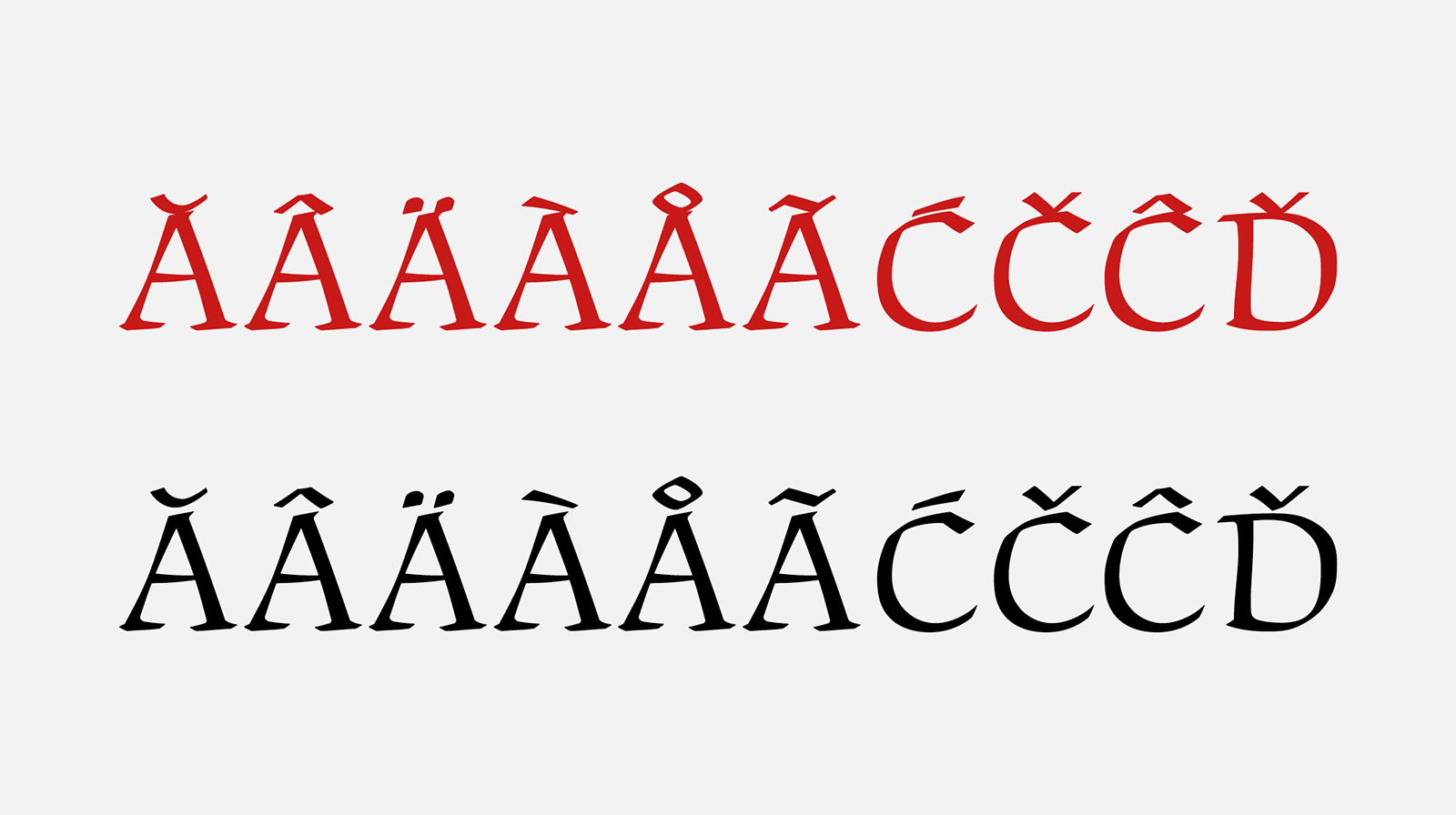 Menhart’s original low placement of the Czech accents (red) merged with the body of the characters. However, we faced significant problems when completing the remaining diacritics. Accents placed higher have more space, are more readable and are more distinct.