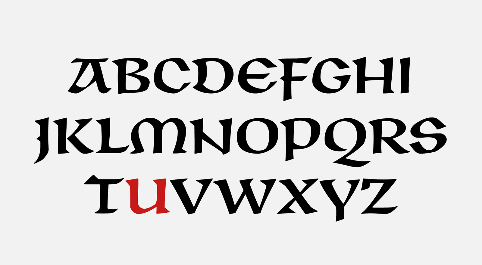 Majuscule characters of the BC Unciála typeface in three optical weights.