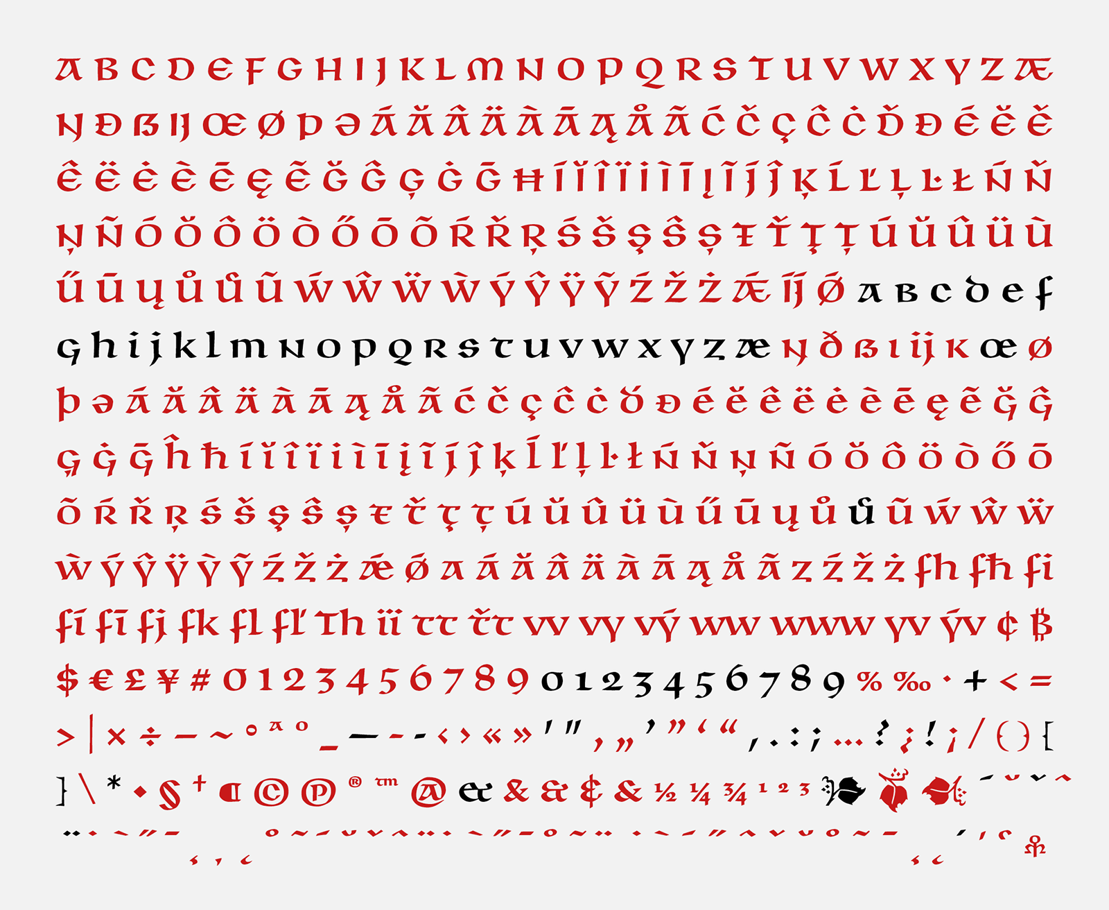 Kompletní znaková sada písma BC Unciála. Černě vyznačené jsou původní znaky, které navrhl Oldřich Menhart. Červené znaky jsou nově vzniklé.