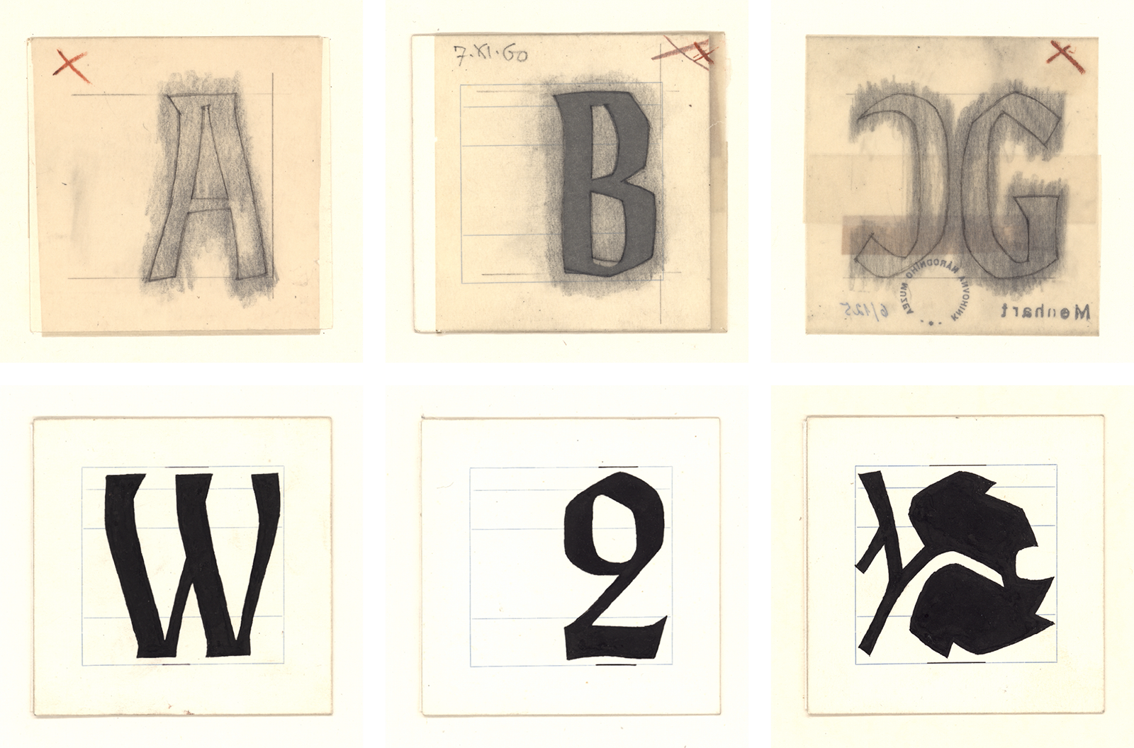 Původní tužkové a tušové kartičky s návrhy písma Vajgar z pozůstalosti Oldřicha Menharta, 1960. Zdroj: Knihovna Národního muzea [2]