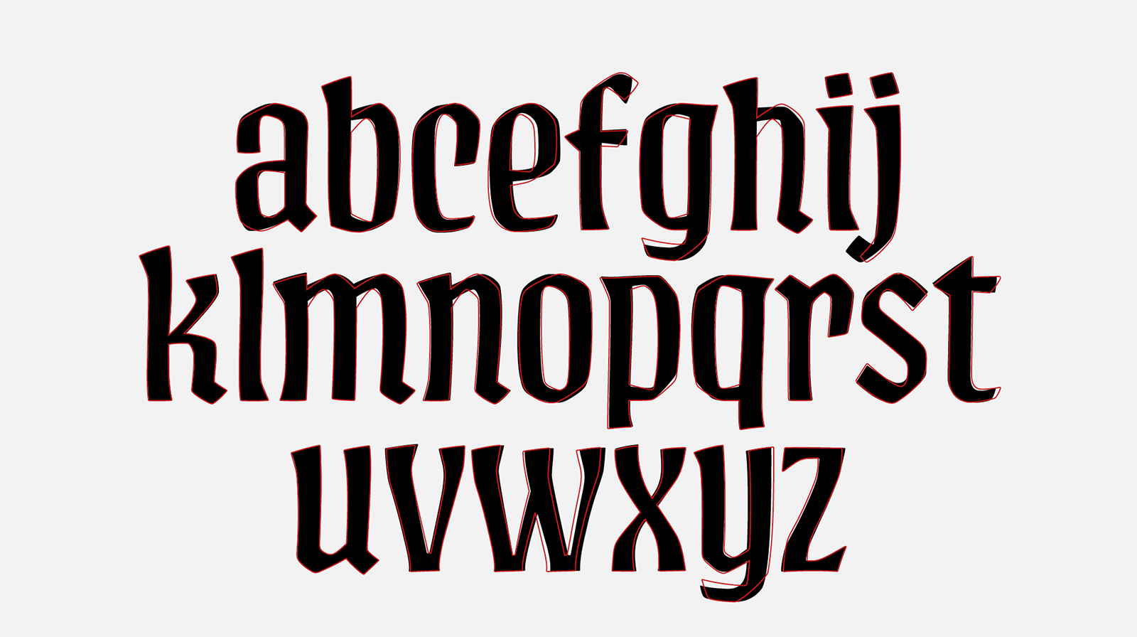 Náš první návrh minuskových znaků (černě) v porovnání s obrysy finálního fontu.