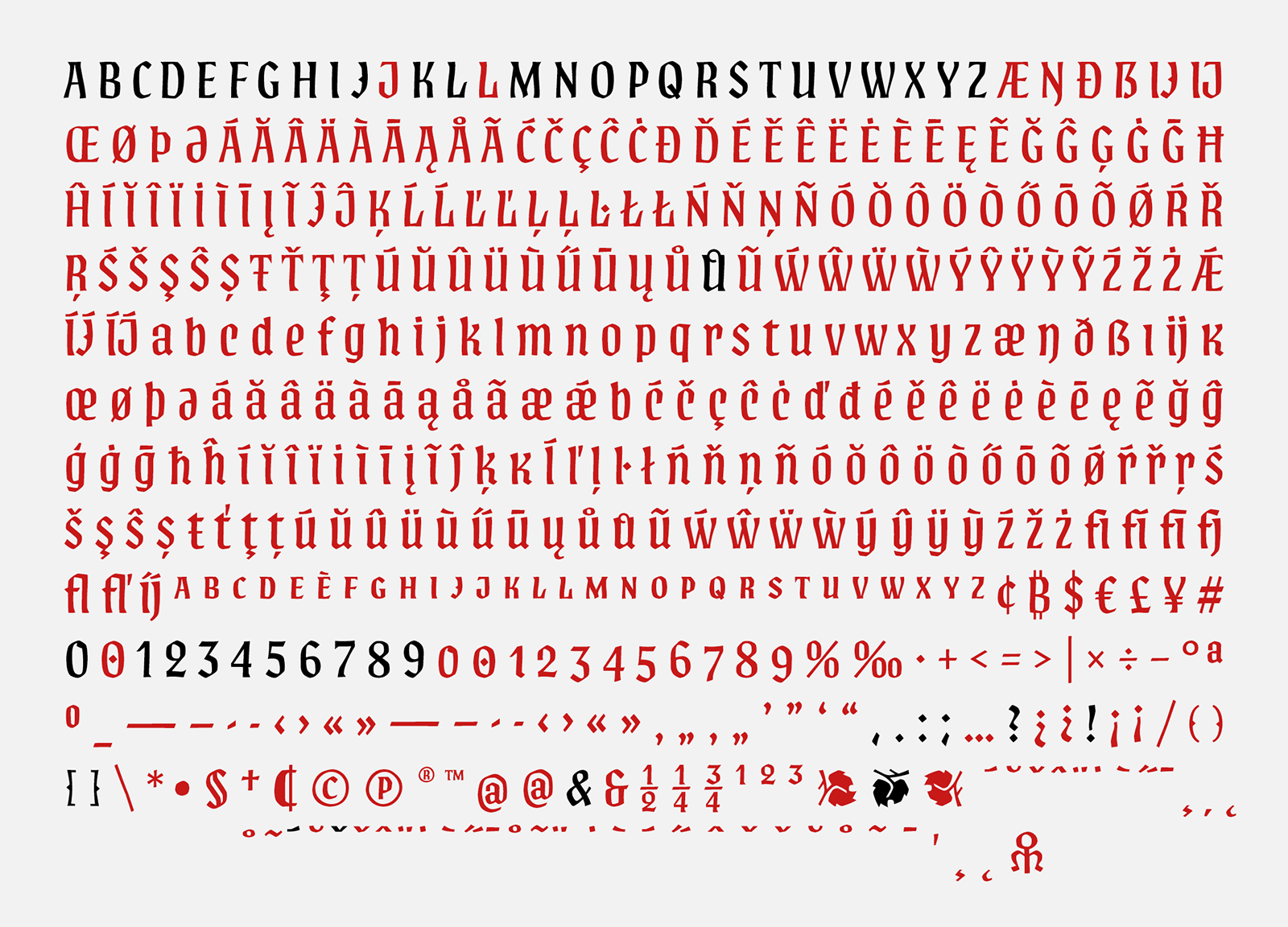 The BC Vajgar typeface’s complete character set. The ones marked in black are the original characters designed by Oldřich Menhart. The red characters are the ones that have been newly created.